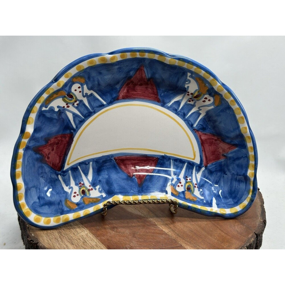 SOLIMENE Vietri Italy Horse Blue Crescent Plate Terracotta Handmade 9”